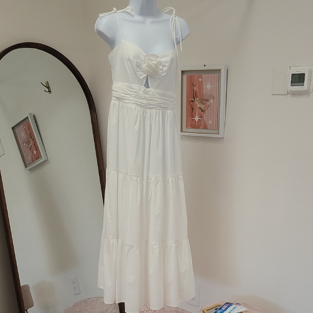 eesome White Tie-Shoulder Maxi Dress with Front Rosette